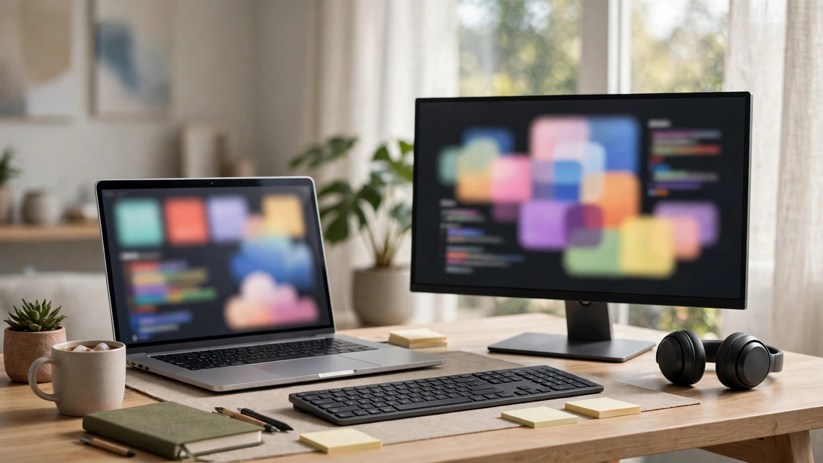 Modern desk with laptop and monitor showing abstract code shapes explaining how does software work