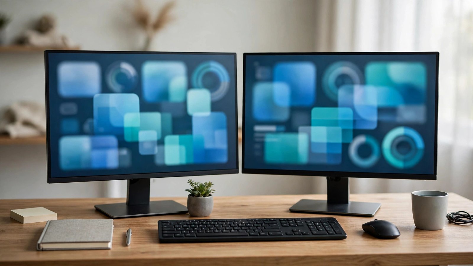 Dual monitors with abstract operating system panels managing apps and hardware on a desk
