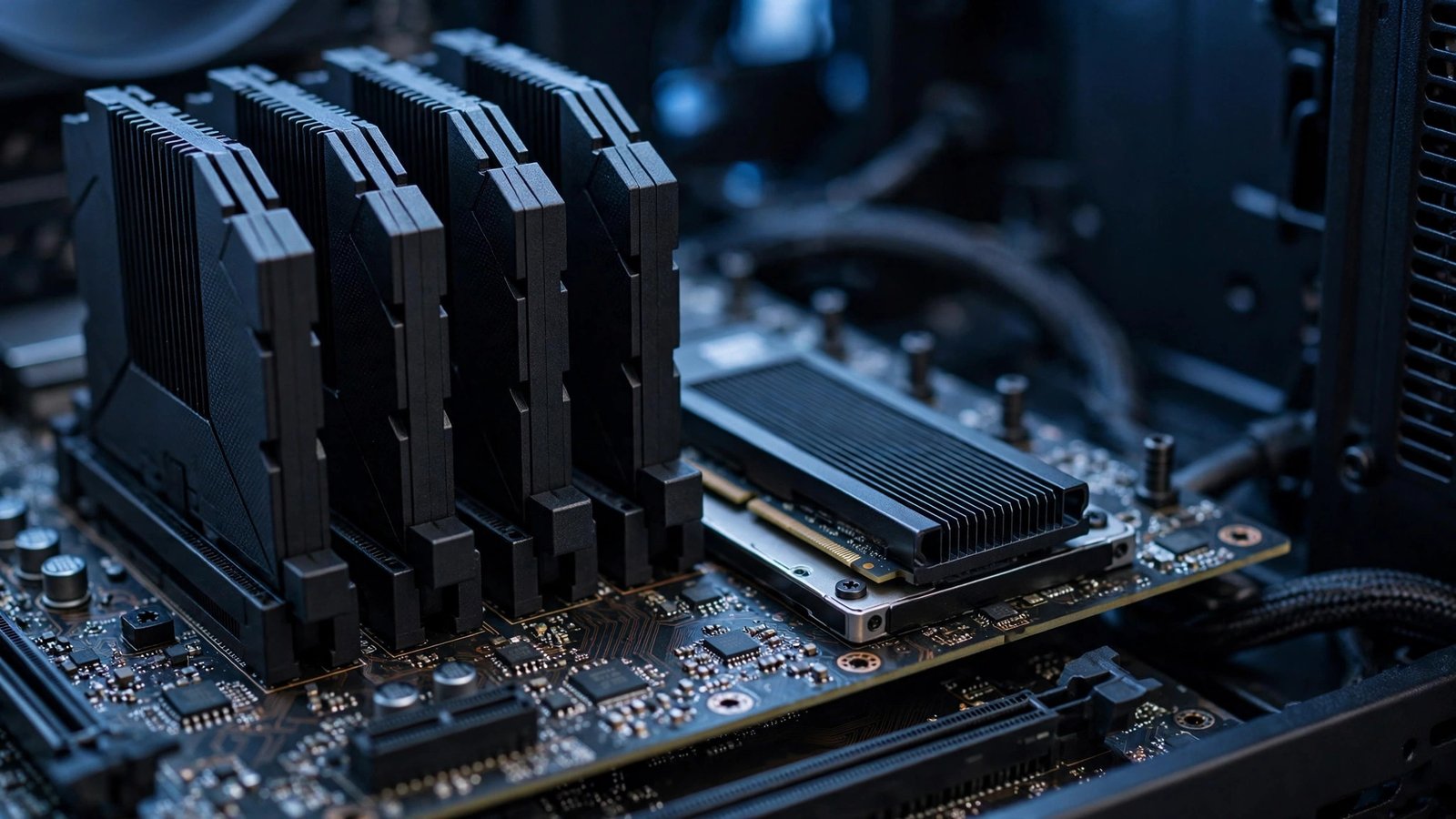 RAM sticks and a solid state drive inside an open computer showing memory and storage