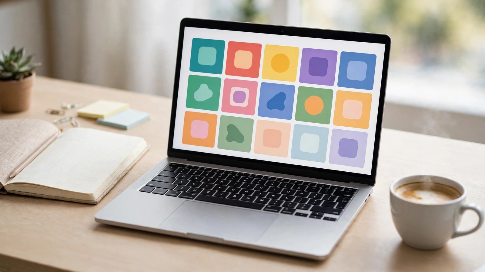 A laptop displaying a software package as a grid of colorful application tiles on a tidy desk