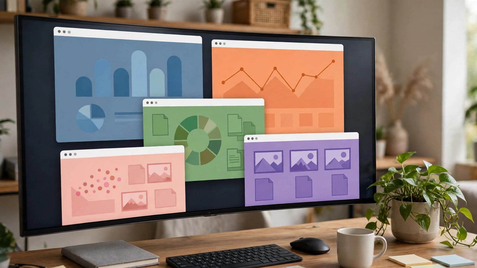 Multiple application windows from one suite tiled across a wide monitor in a home office