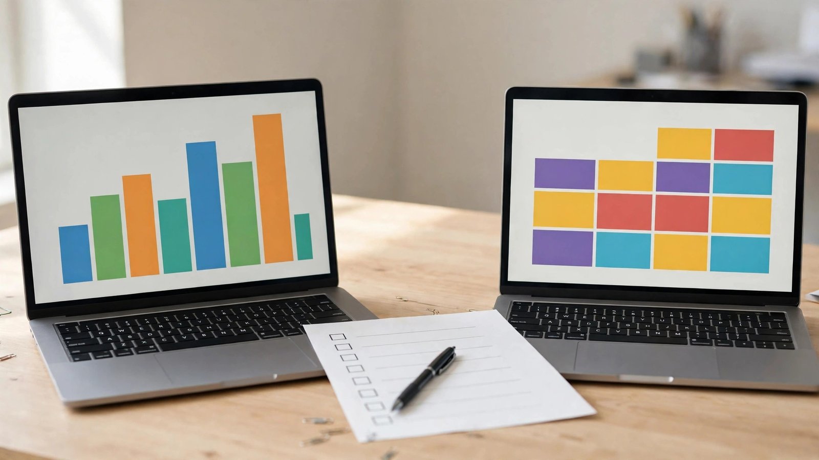 Two laptops side by side comparing bundled program options with simple charts