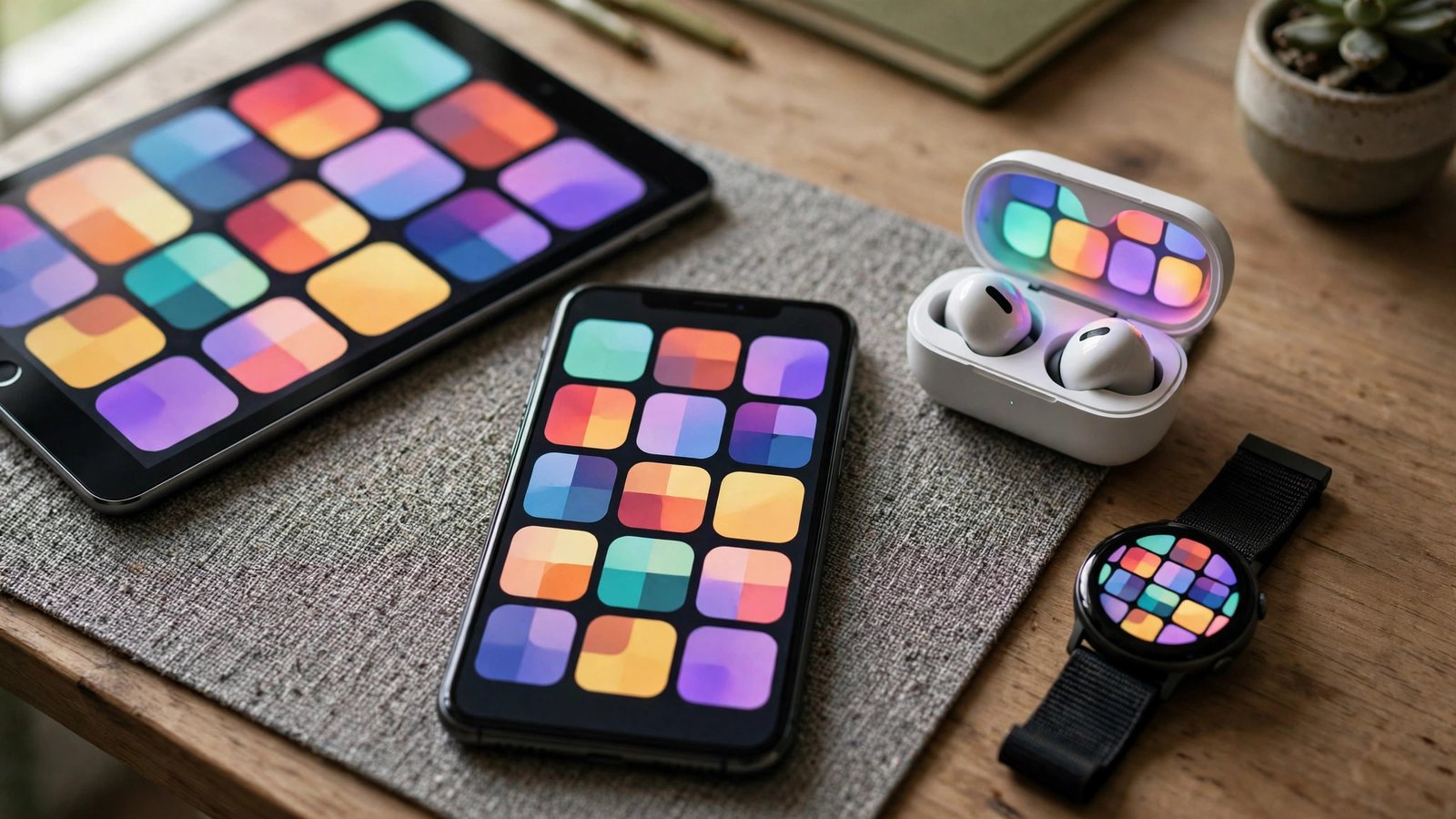 A phone, tablet, smartwatch and earbuds forming one connected platform ecosystem