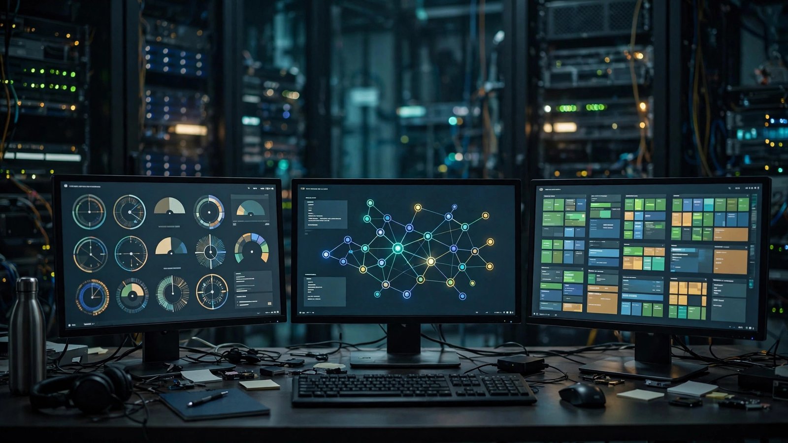 An IT workstation explaining what is it software with system monitoring dashboards on three monitors