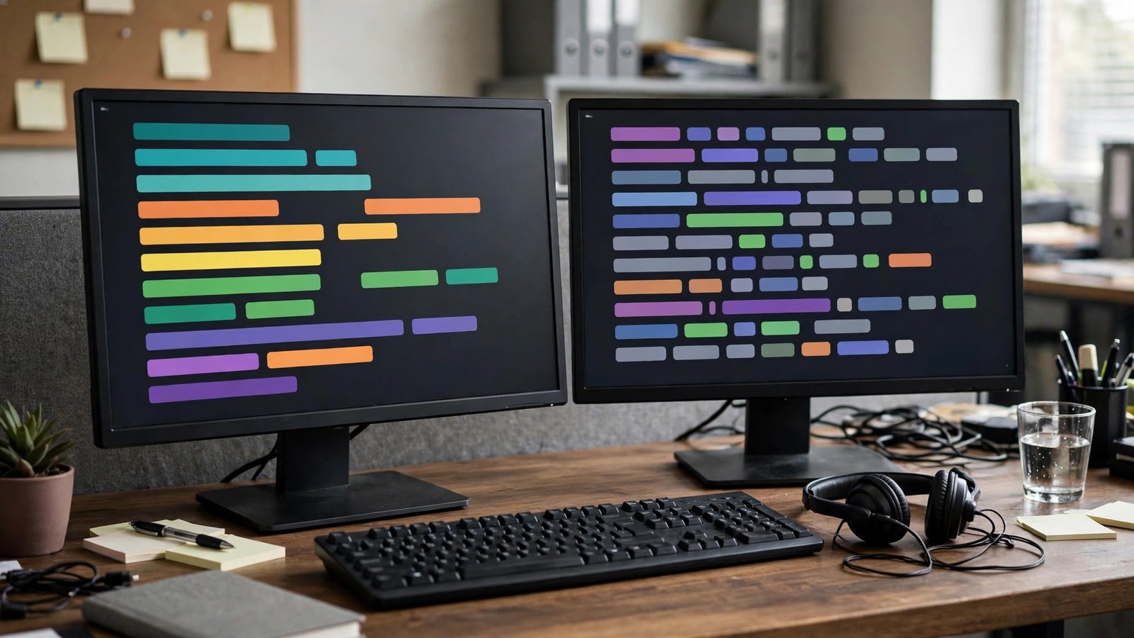 An IT support desk with ticket queues on two monitors and a headset