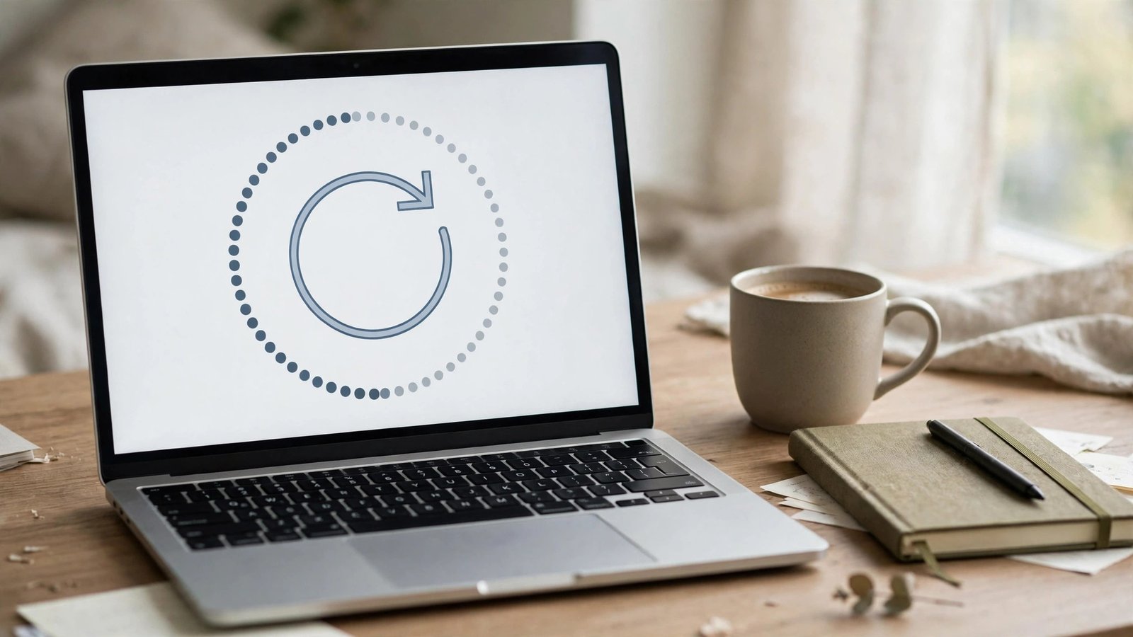 A laptop update screen illustrating software update management with a progress ring