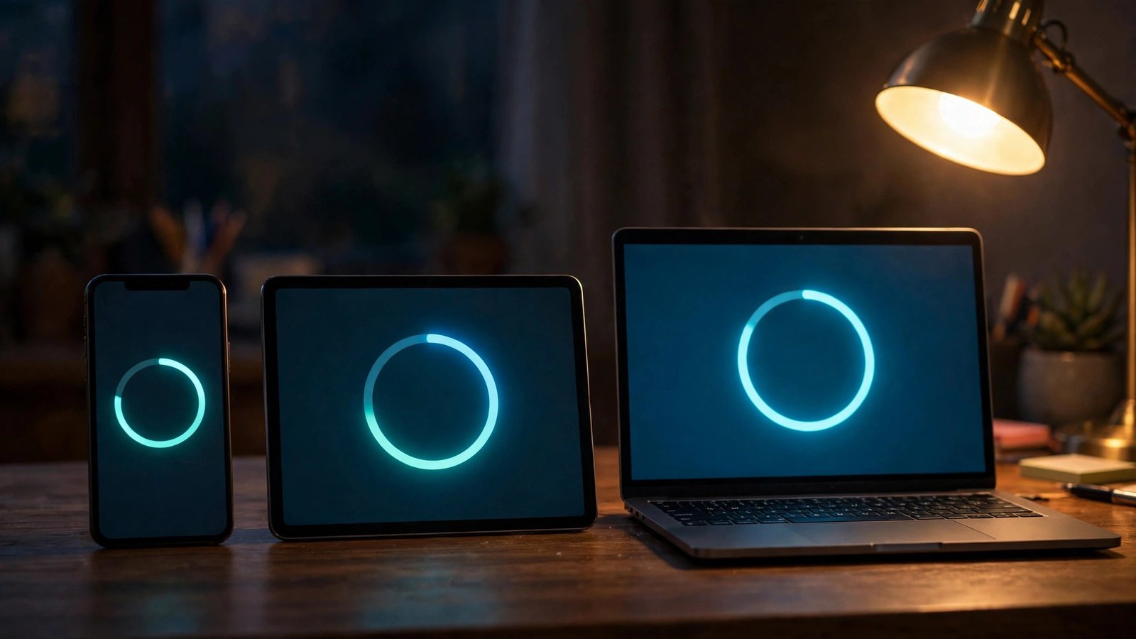 A phone, tablet and laptop updating at the same time on one desk