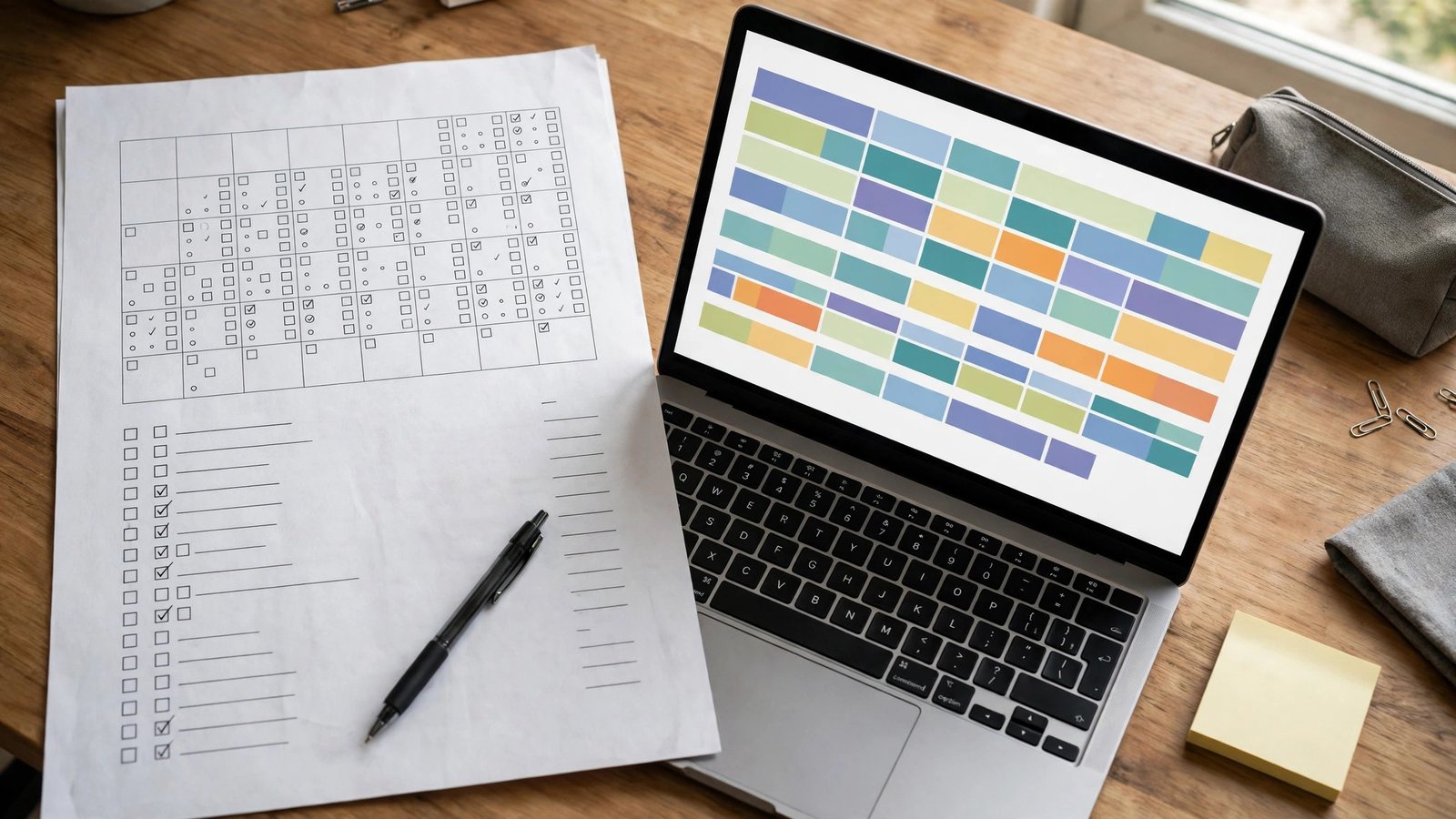 A printed monthly update checklist and calendar beside a laptop schedule